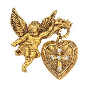 Gold Tone Angel with 20 mm Dangle Heart Crystal Cross Locket Brooch Pin Pendant